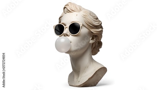 Antique Female Bust Sculpture Wearing Modern Sunglasses Blowing Bubble Gum, Minimal Pop Culture Concept Isolated on Transparent Background