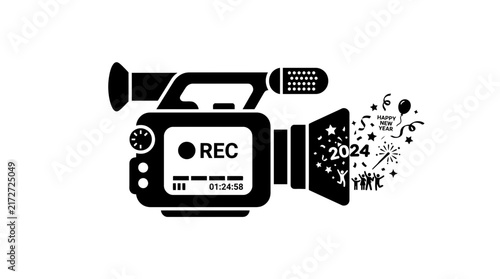 Video camera recording New Year celebration with fireworks