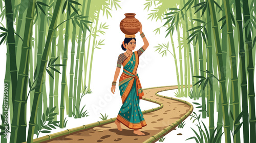 Woman Carrying Water Pot Through Bamboo Forest Path