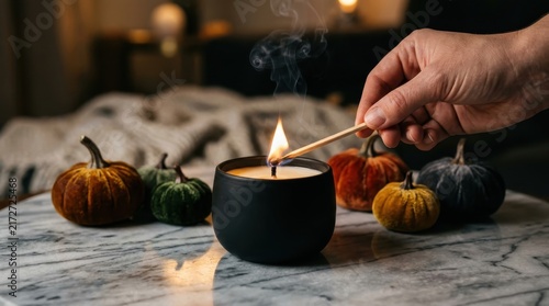Hand lighting a scented candle on a marble table decorated with colorful velvet pumpkins for autumn