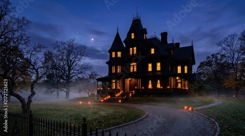 Spooky haunted Victorian mansion at twilight with glowing jack-o'-lanterns and mystical fog for Halloween night