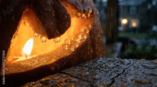 Spooky carved jack-o-lantern glowing with candlelight on a rainy evening, covered in autumn raindrops