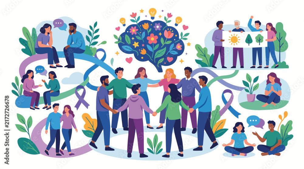 Naklejka premium Mental Health Awareness and Community Support Vector Illustration