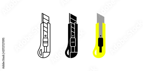 Fotografie Utility knife black and yellow office cutting tools with outline, solid, and flat design styles