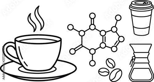 Canvastavla Coffee line icon set featuring caffeine chemical molecule structure aromatic hot