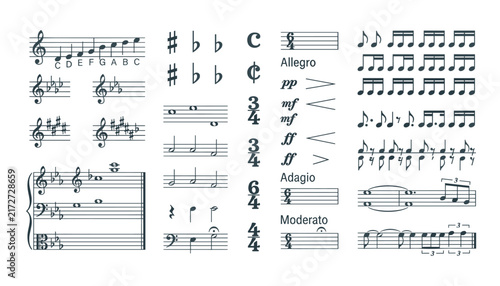 Musical notation vector elements set with clefs notes staff lines key signatures time signatures and tempo dynamics icons isolated on white background