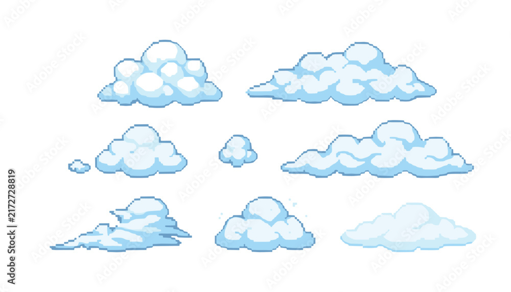 Obraz premium Pixel art cloud vector set with various fluffy white and blue clouds game asset element collection isolated on white background