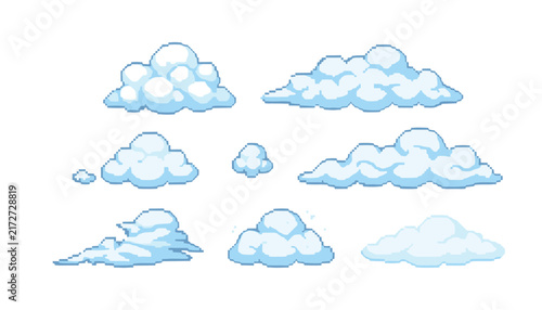 Pixel art cloud vector set with various fluffy white and blue clouds game asset element collection isolated on white background