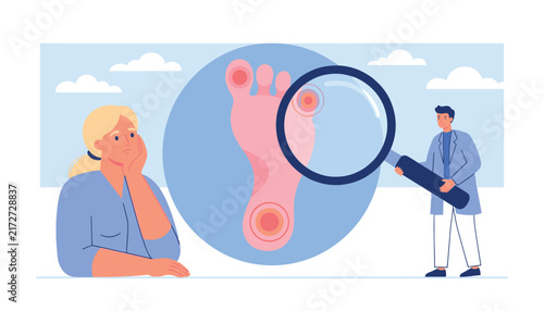 Podiatrist examining patient sore foot with magnifying glass diagnosing pain calluses dermatological conditions healthcare flat vector illustration