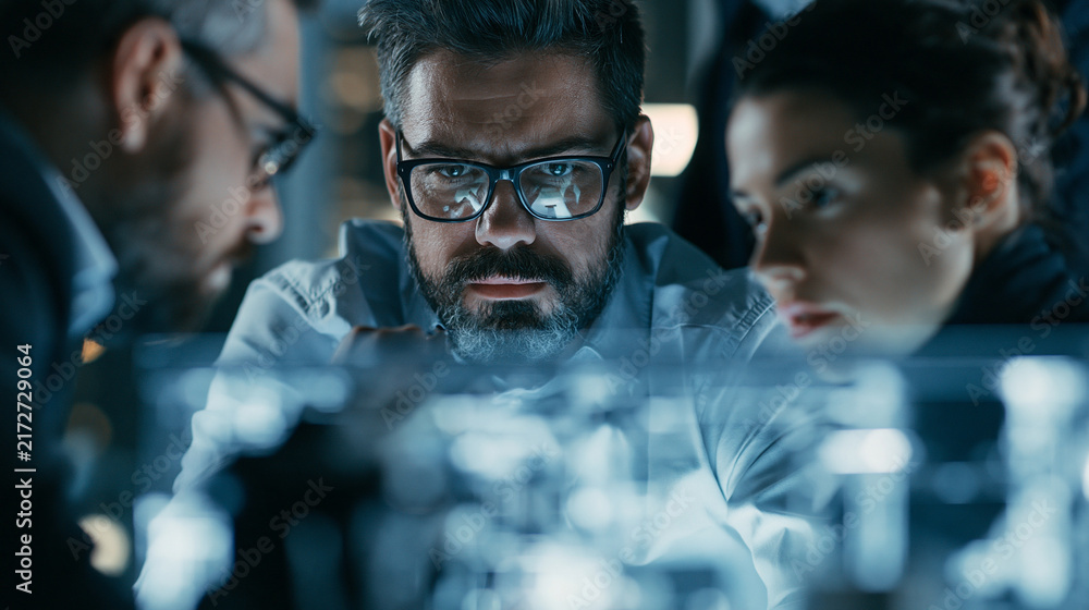 Fototapeta premium business team analyzing customer feedback on large transparent digital screen, customer experience management and data analytics concept, modern office, cinematic realistic photography, generous copy