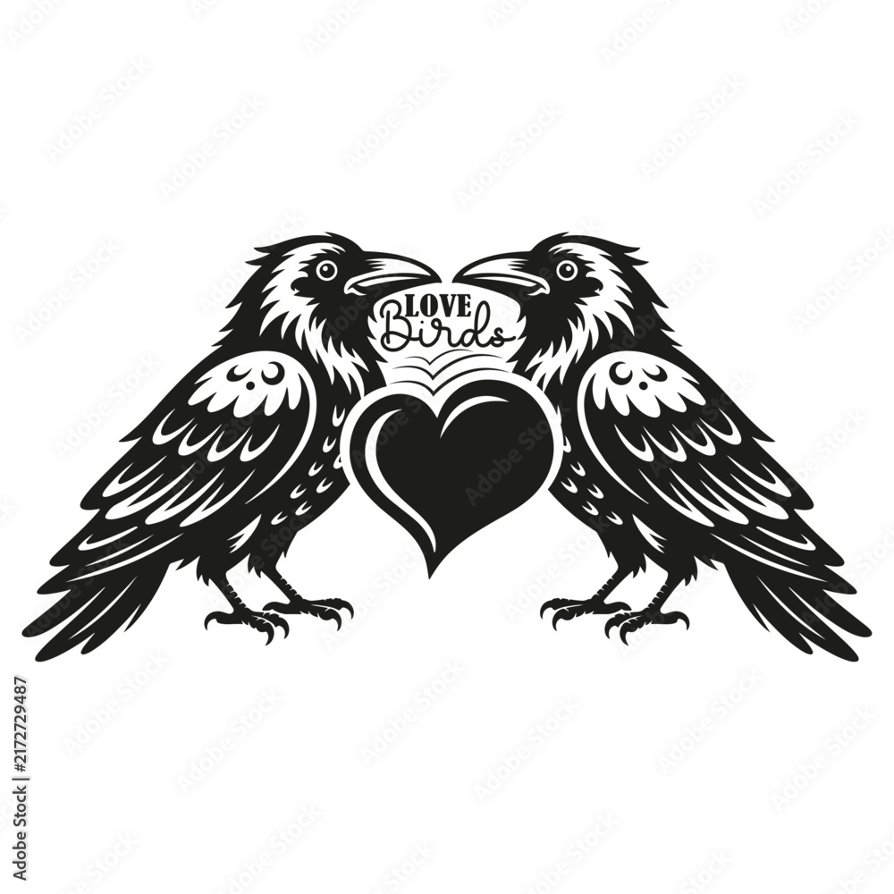 Naklejka premium Love Birds Heart Romantic Vintage Design Romantic Love Birds Heart Illustration Two Birds in Love Heart Graphic Design Bird Couple Love Heart Vintage Artwork Romantic Birds Heart T Shirt Design
