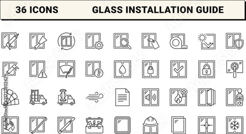 Window Glazing Guide Web Icon Set in Linear Style. Collection of Glass Installation line icons, including glazing, insulation, double glazing, repair, energy efficiency, installation.