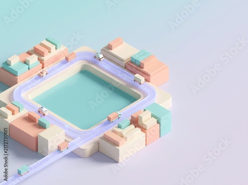 Miniature swimming pool with surrounding pastel buildings and clear sky