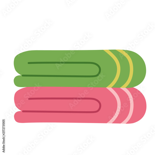 Stack of colorful folded towels in green and pink, isolated on white background, cartoon vector illustration for swimming pools, beaches, and summer vacations