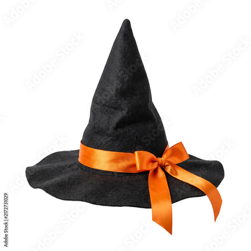 Black Witch Hat with Orange Ribbon Bow.