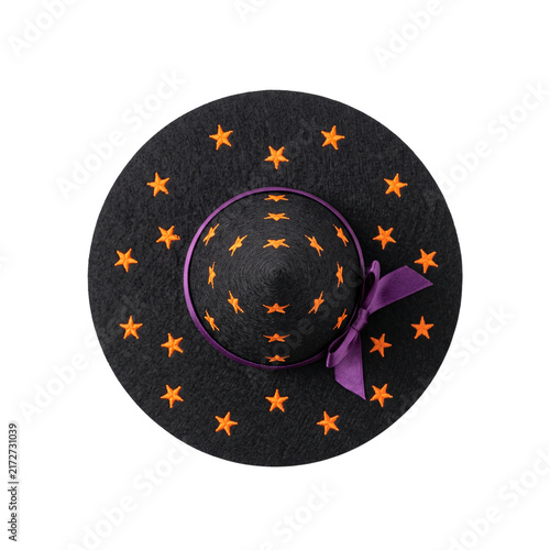 фотографія Black Witch Hat with Orange Stars and Purple Ribbon.