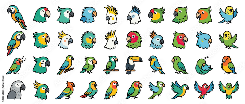 Naklejka premium Cute Cartoon Parrot and Bird Collection Isolated