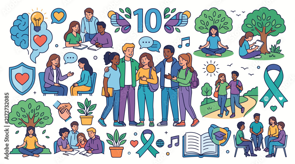 Fototapeta premium Mental Health and Student Support Vector Illustration Set
