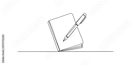 Continuous single line drawing of a notebook and a fountain pen