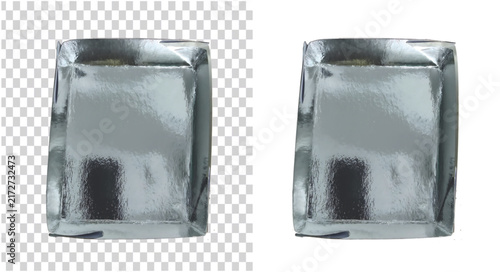 Two empty silver aluminum foil packets with a reflective metallic surface, isolated on a transparent background Suitable for food packaging, takeaway meals, catering, kitchen supplies, product