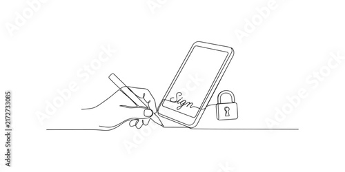 Continuous line drawing of a hand signing a digital document on a smartphone screen with a security padlock icon