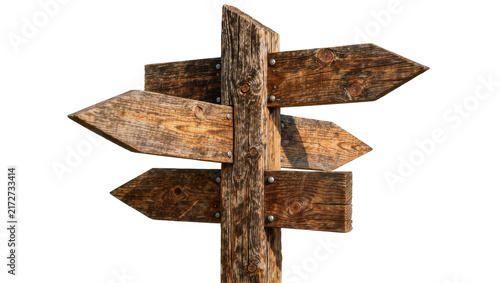Foto Rustic wooden directional signpost with multiple arrow signs, isolated on transp