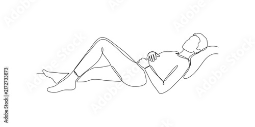 Continuous single line drawing of a young man sleeping peacefully on a pillow