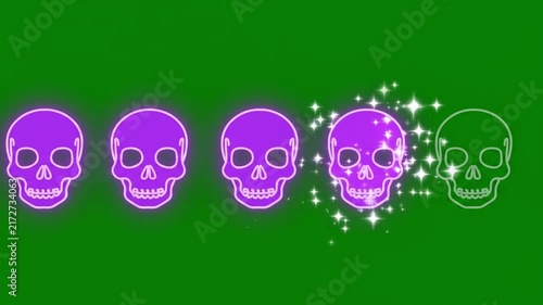 Five Skull Rating System Animation with Sparkling Purple Glow on Green Screen.