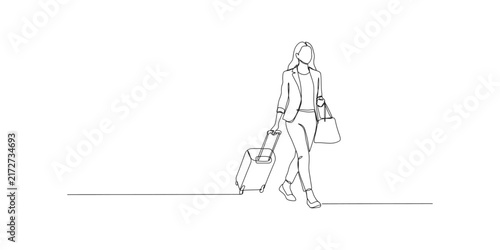 Continuous single line drawing of a business woman walking with a travel suitcase and a handbag