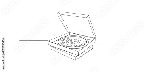 One continuous line drawing of a pizza inside an open cardboard box