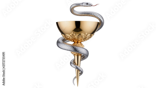 Obraz na plátne Ornate golden chalice entwined by a detailed silver snake, isolated on transpare