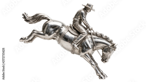 Bild auf Leinwand Silver cowboy figurine riding bucking horse, isolated on transparent background