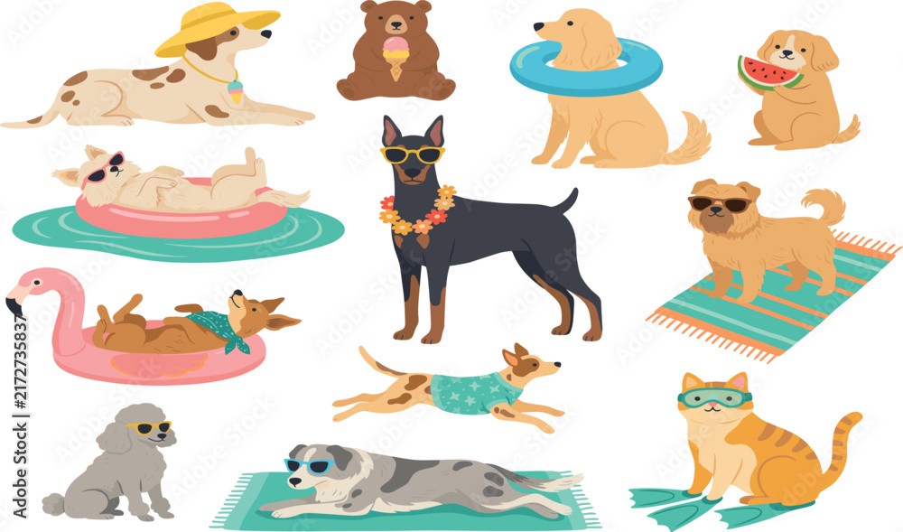 Obraz premium Cute summer pets vector set with dogs and cat relaxing swimming wearing sunglasses isolated on white background