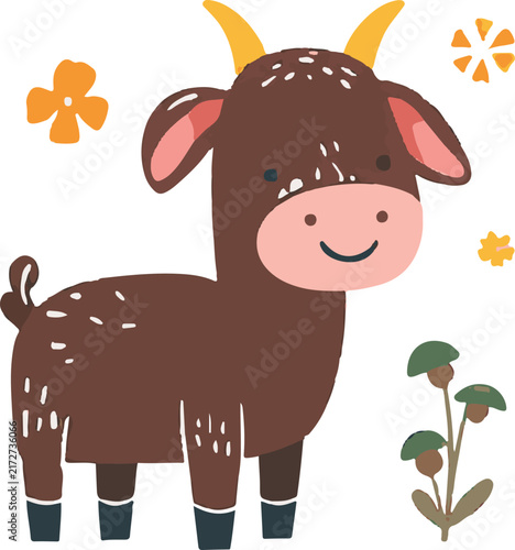 Funny Cute Cow Cartoon Character with Flowers on a Farm, Isolated Vector Illustration of a Happy Dairy Animal, Calf, Bull, Cattle, Goat, Sheep and Pig Theme