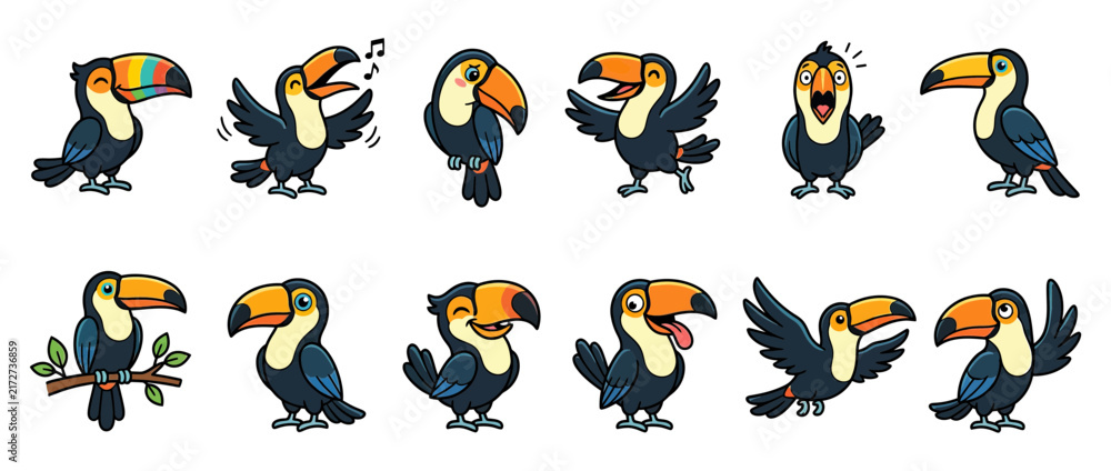 Naklejka premium Cute Cartoon Toucan Birds Collection with Different Emotions