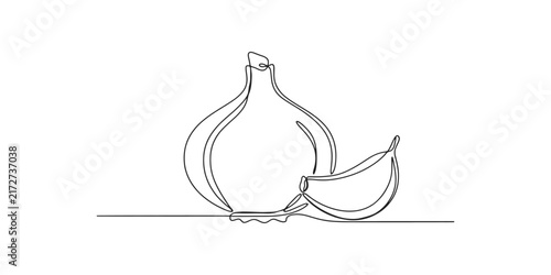Continuous single line drawing of a garlic bulb and a clove