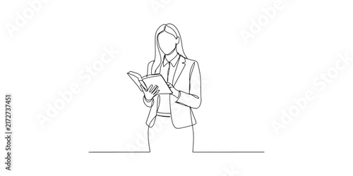 Continuous line drawing of a professional business woman standing and reading a book