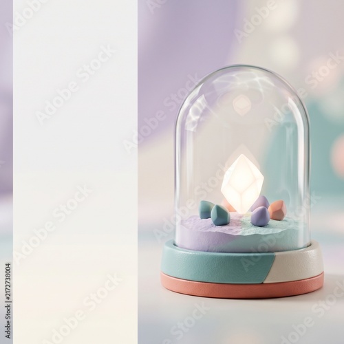Decorative glass dome with colorful crystals on pastel base