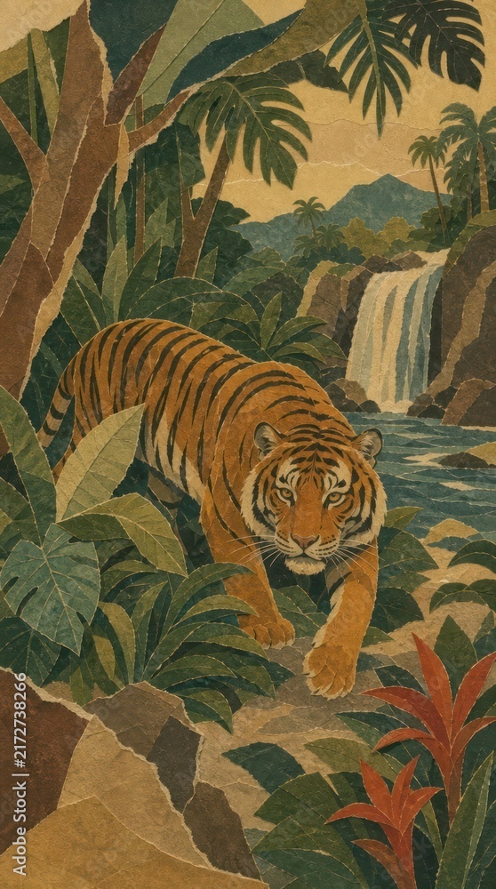 Naklejka premium Vintage-style tiger in jungle with waterfall, ideal for mobile wallpaper.