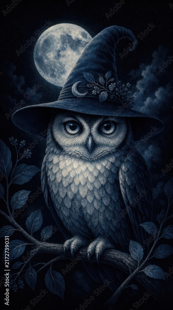 Naklejka premium Dark fantasy owl in witch hat under moonlight, mobile wallpaper