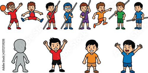 Photography Cute Boys Sports and Physical Activities Character Vector Set featuring Kids Pla