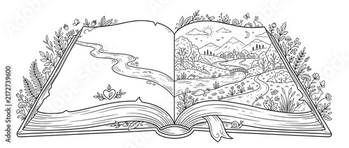 Open book with fantasy landscape and river, surrounded by nature