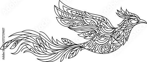 Ornate mythical bird silhouette with flowing tail and wings