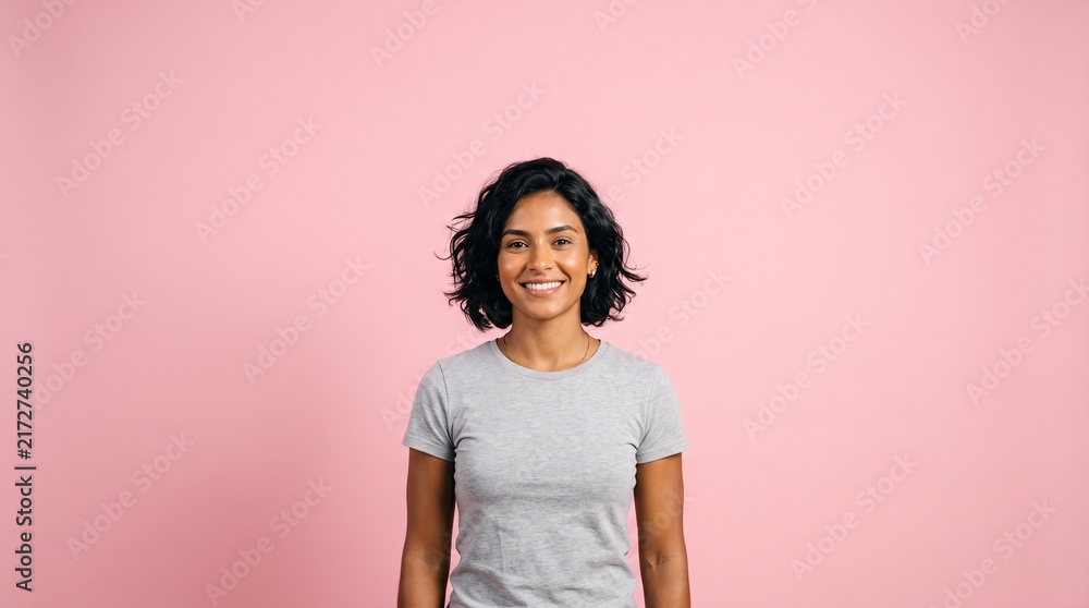 Fototapeta premium Young Woman with Dark Wavy Hair Smiling Happily in a Grey T Shirt Against a Pink Background