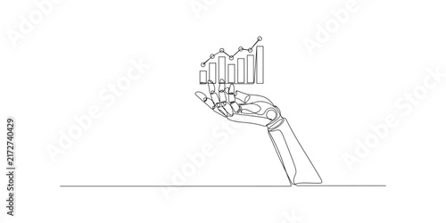 Robotic hand holding a rising business growth bar chart in a continuous line art style