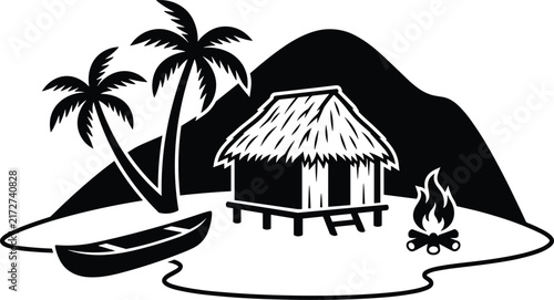 Bild auf Leinwand Tropical island landscape solid silhouette emblem featuring a stilt beach hut ca