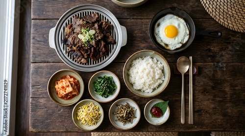 Korean food meal with grilled meat rice and side dishes overhead shot
