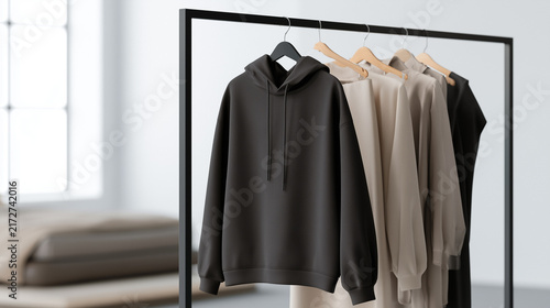 Professional Black Hoodie Mockup Displayed on a Minimalist Clothing Rack for Apparel Branding