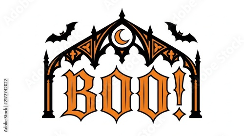 Gothic arch gateway banner framing halloween boo text and bats with ornate archi