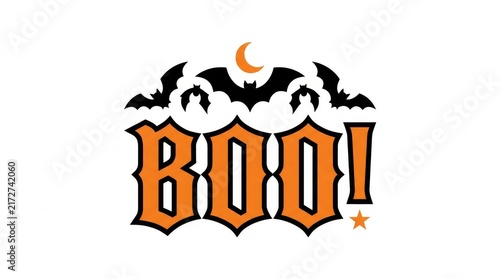 Halloween boo text banner decorated with flying bats and moon